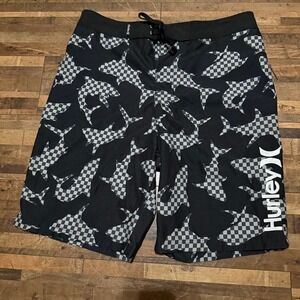 Hurley Board Shorts Shark Checkered Swim Trunks Kids Size 16/28‎